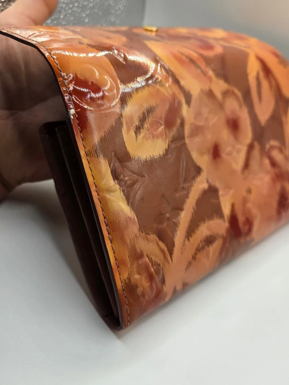 Louis Vuitton Orange Tan Patent Leather Floral Monogram Chain Clutch